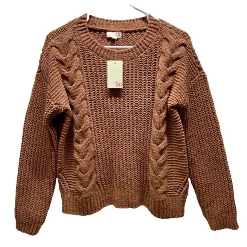 SO Cable Knit Sweater Junior's Small Brown Crewneck Chenille Soft NWT Flawed